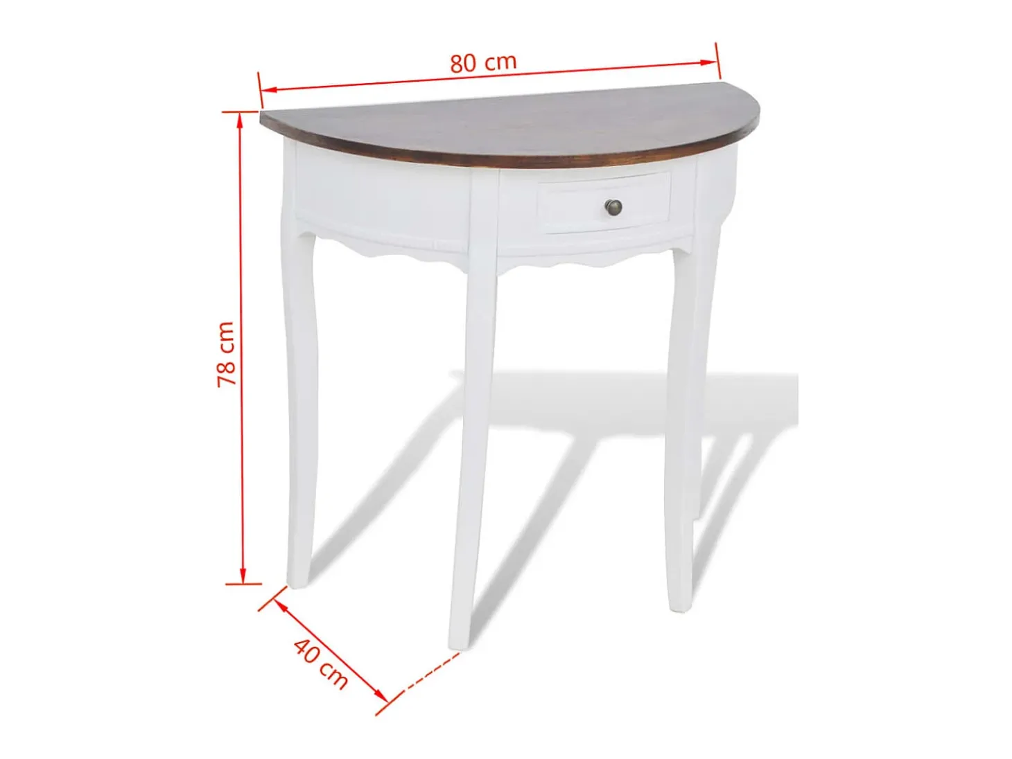 Mesa consola meia-lua com gaveta e tampo castanho