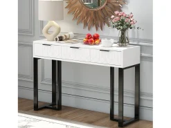 Mesa consola moderna, com 2 gavetas, pés ajustáveis, Branco e Preto