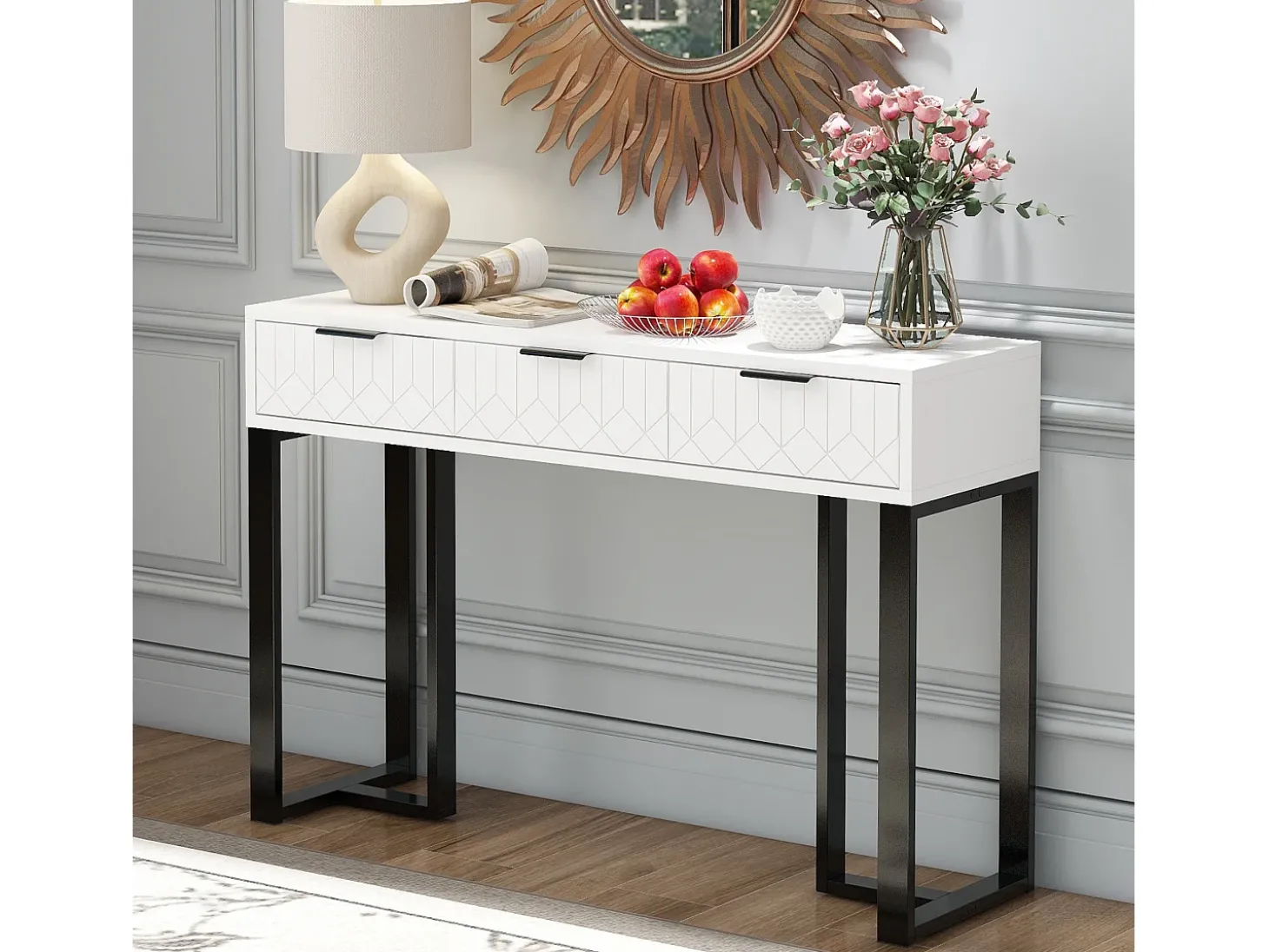 Mesa consola moderna, com 2 gavetas, pés ajustáveis, Branco e Preto