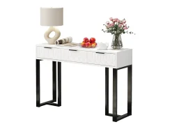 Mesa consola moderna, com 2 gavetas, pés ajustáveis, Branco e Preto
