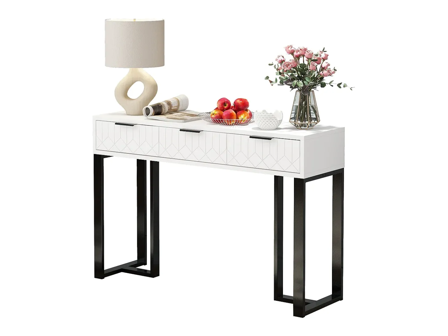 Mesa consola moderna, com 2 gavetas, pés ajustáveis, Branco e Preto