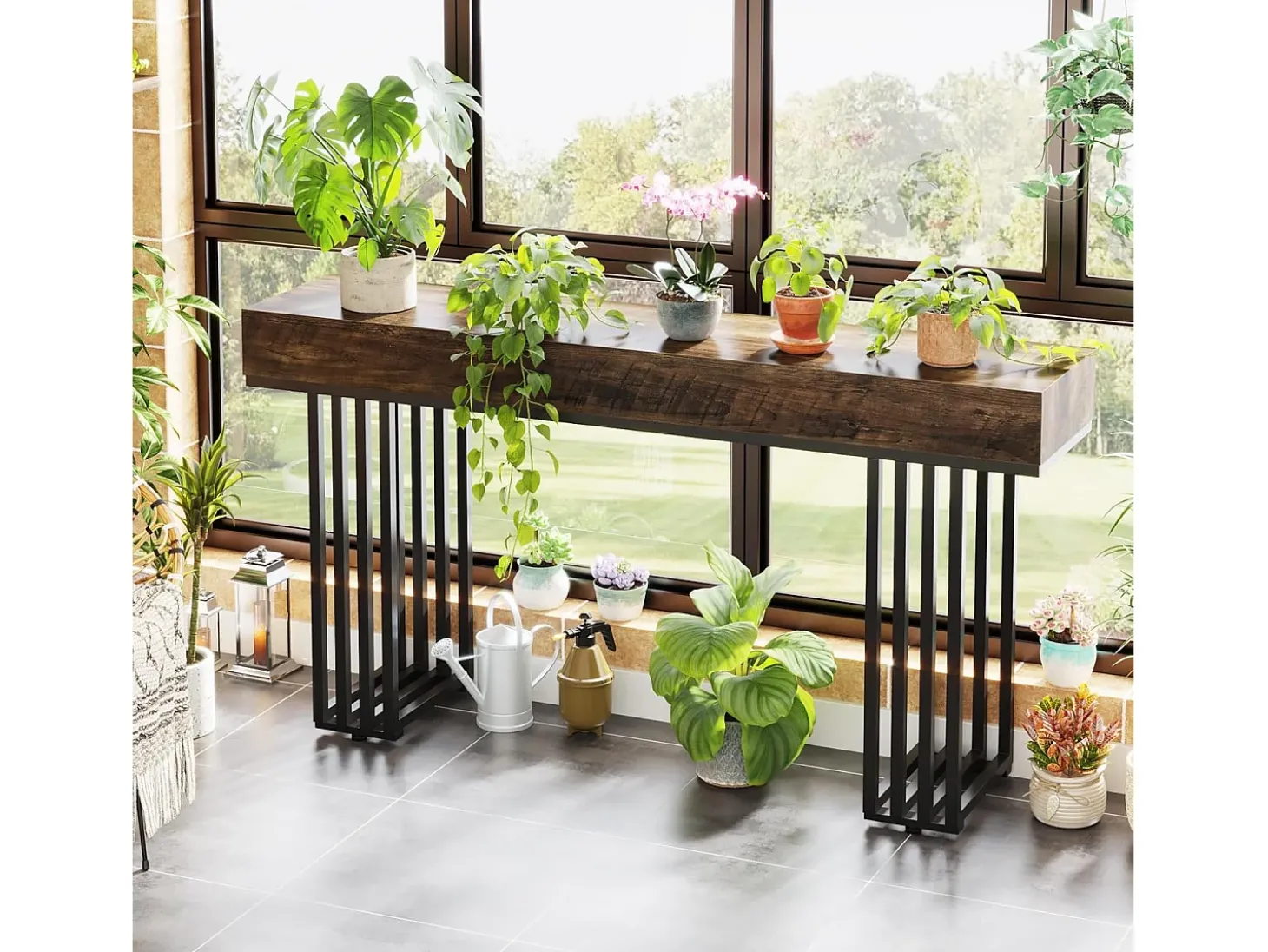 Mesa consola para entrada, mesa consola para entrada no corredor com estrutura metálica em estilo industrial elegante, mesa consola de madeira para sala de estar, entrada, corredor (140 cm, castanho)