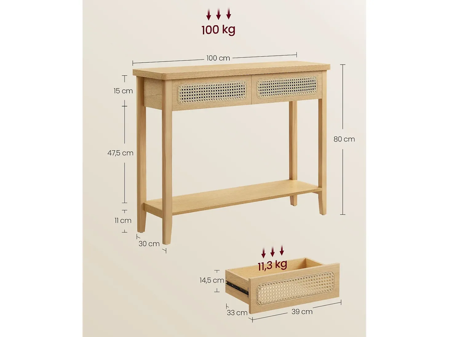 Mesa Consola 100x30x80 cm Carvalho Bege