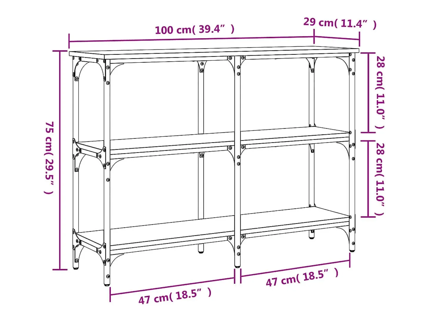 Mesa consola 100x29x75 cm derivados de madeira carvalho fumado