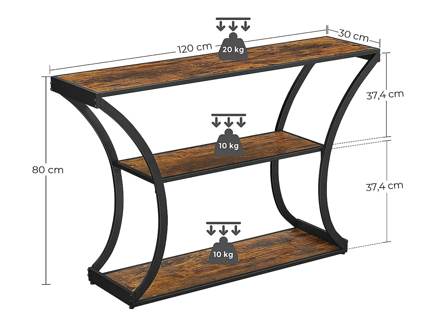 Mesa Consola 120x30x80 cm Preto Vintage Castanho