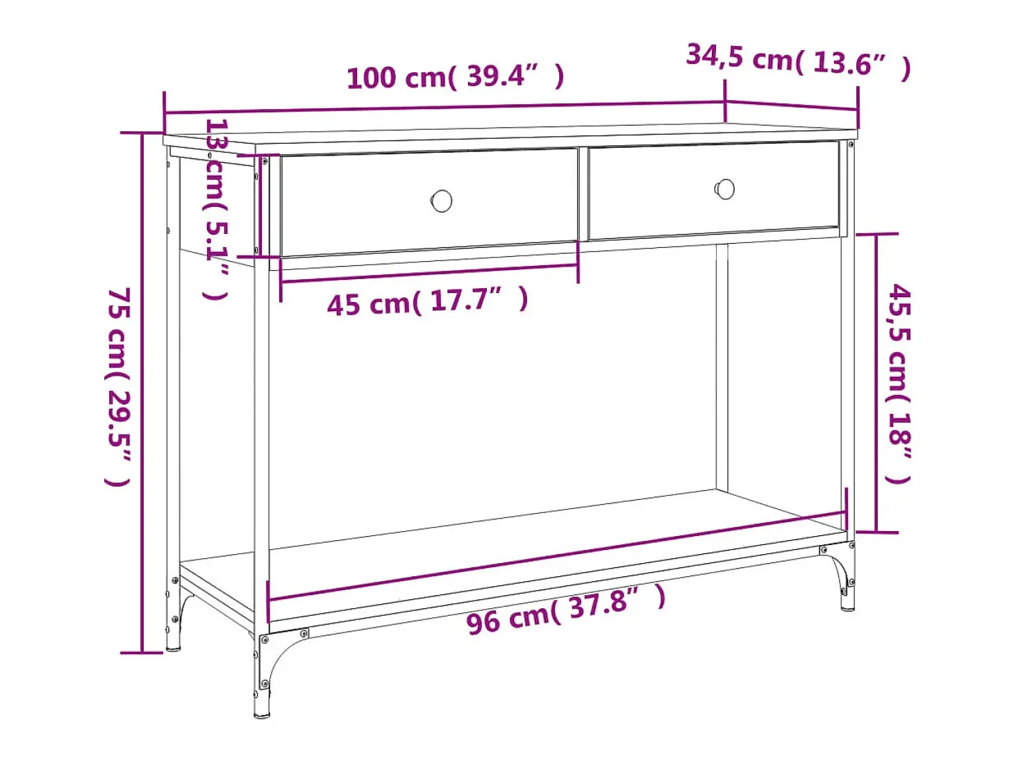 Mesa consola 100x34,5x75cm derivados de madeira cinzento sonoma