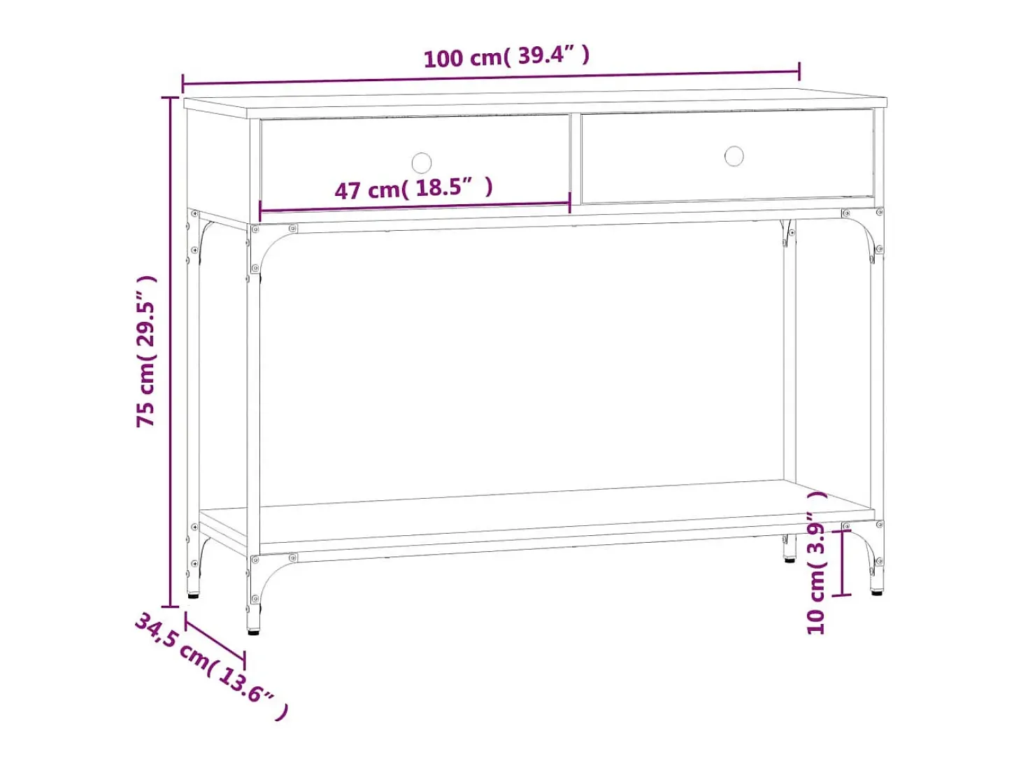 Mesa consola 100x34,5x75cm derivados de madeira cinzento sonoma