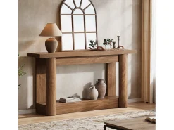 Mesa console de 160 cm, com dois níveis de comprimento, mesa de corredor com armazenamento, marrom rústico