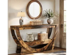 Mesa Console de 160 cm, Mesa de entrada industrial com dois corrediços e prateleiras de armazenamento