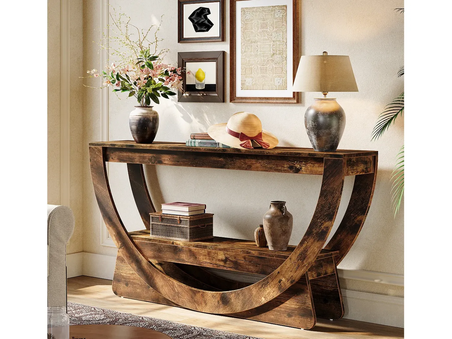 Mesa Console de 160 cm, Mesa de entrada industrial com dois corrediços e prateleiras de armazenamento