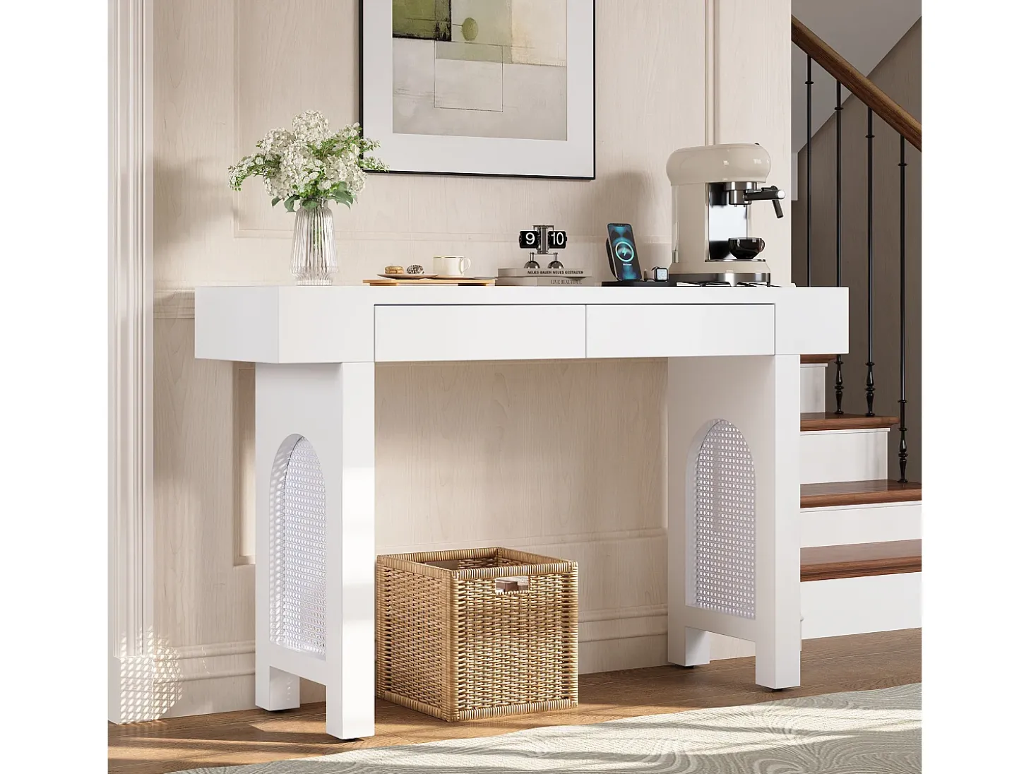 Mesa console 120x35,5x76,5cm - con 2 gavetas - con tomada de corrente - MDF - Branco