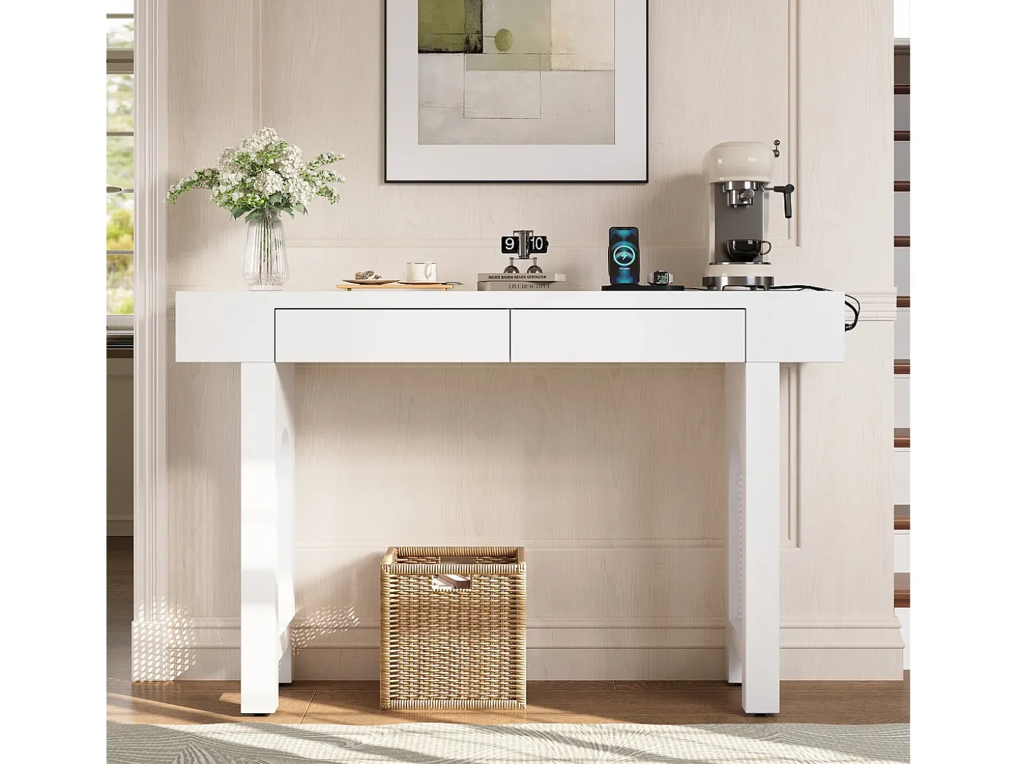 Mesa console 120x35,5x76,5cm - con 2 gavetas - con tomada de corrente - MDF - Branco
