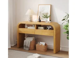 Mesa console 120x35,5x76,5cm - con 2 gavetas - Cantos arredondados - prateleiras abertas - MDF - Natural