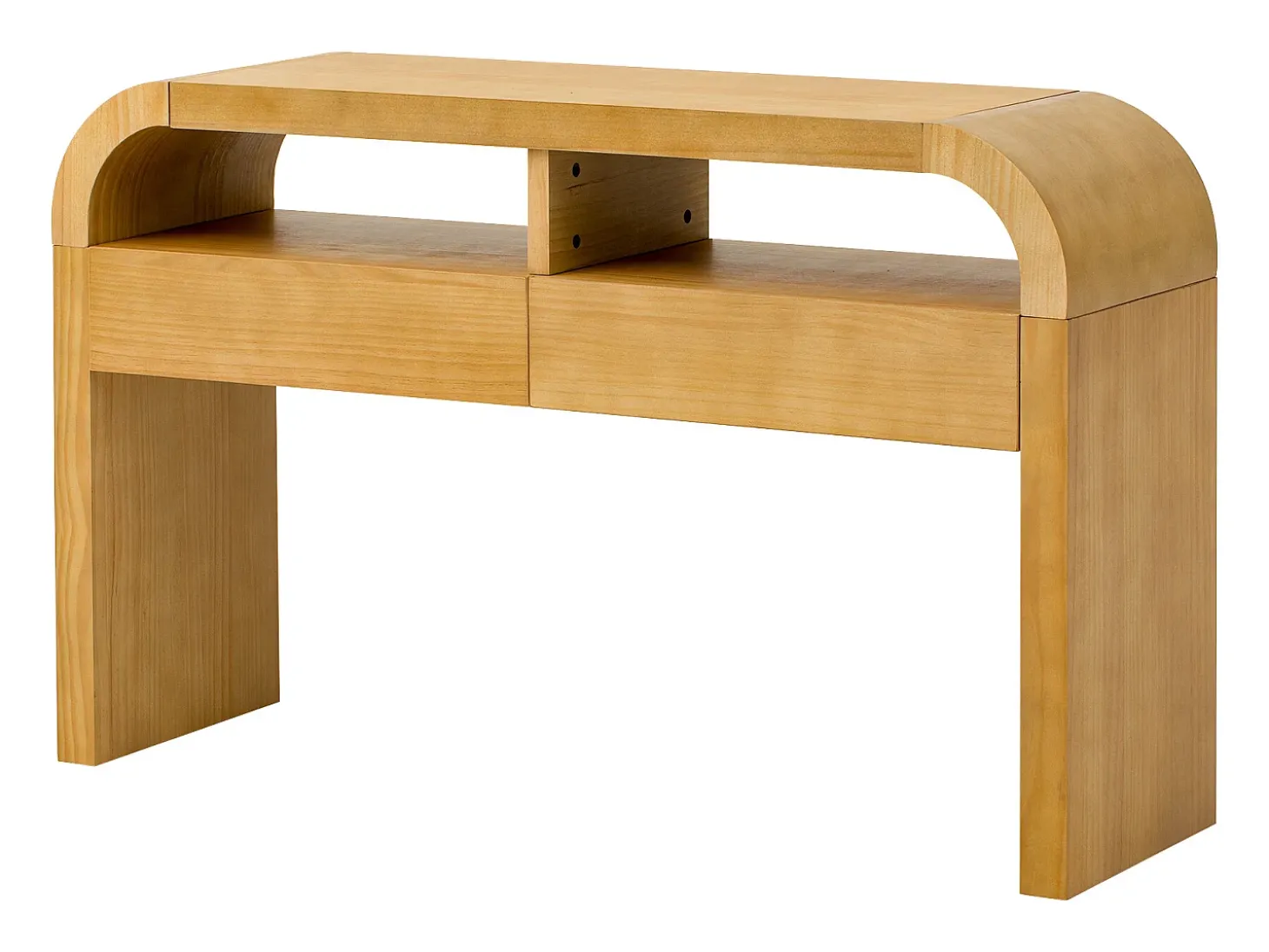 Mesa console 120x35,5x76,5cm - con 2 gavetas - Cantos arredondados - prateleiras abertas - MDF - Natural