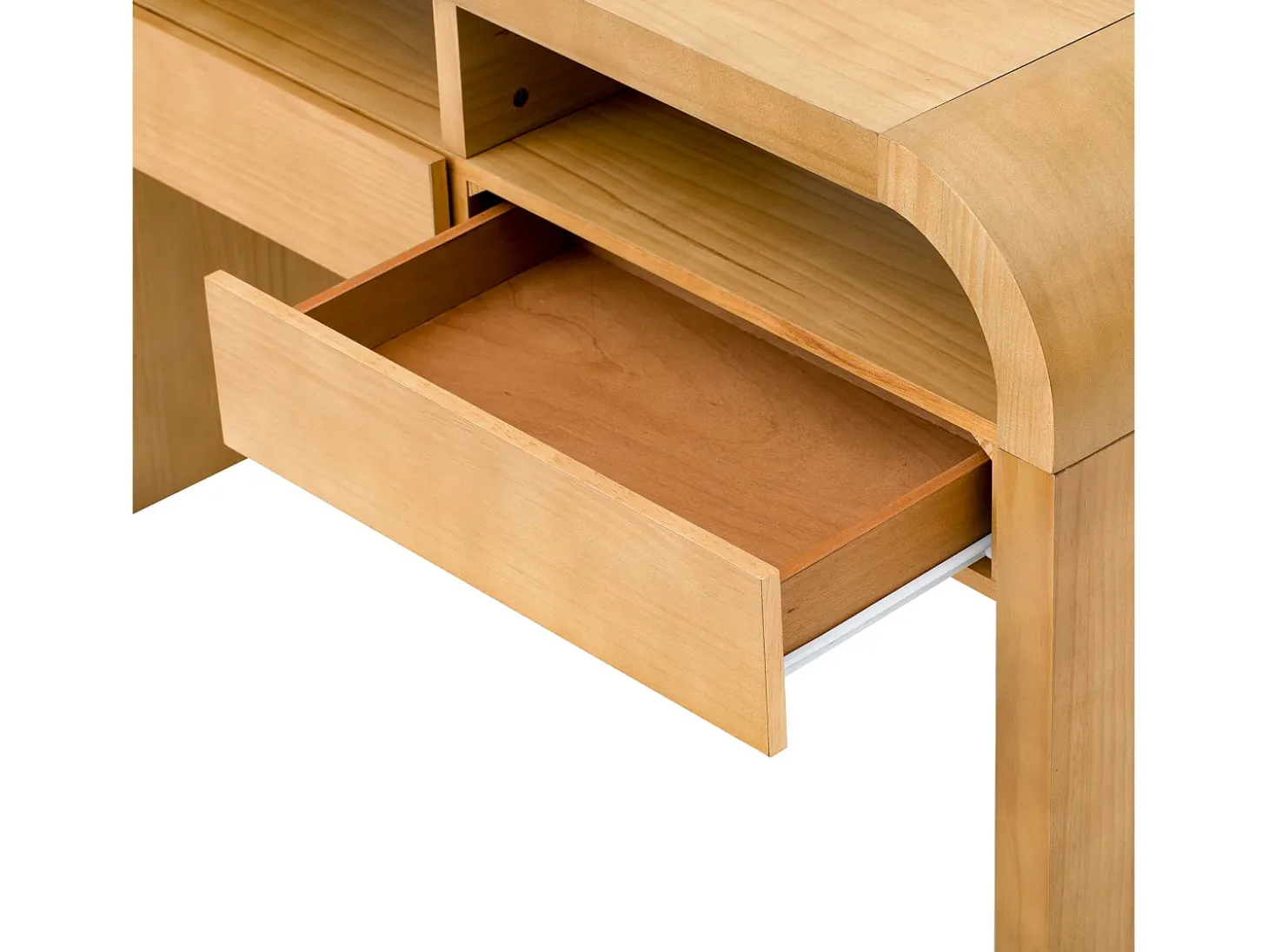 Mesa console 120x35,5x76,5cm - con 2 gavetas - Cantos arredondados - prateleiras abertas - MDF - Natural