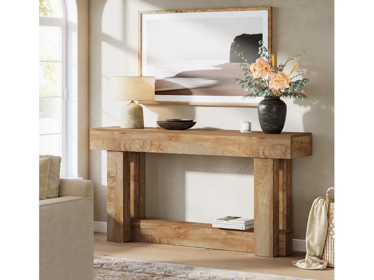 Mesa de apoio de 160 cm, Mesa de entrada de dois andares, mesa auxiliar retangular de madeira para trás do sofá