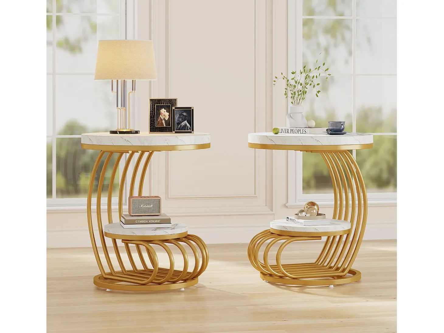 Mesa de apoio em mármore artificial de dois andares, Mesa de cabeceira moderna em ouro branco com moldura em forma de arco em metal para sala (1 unidade)