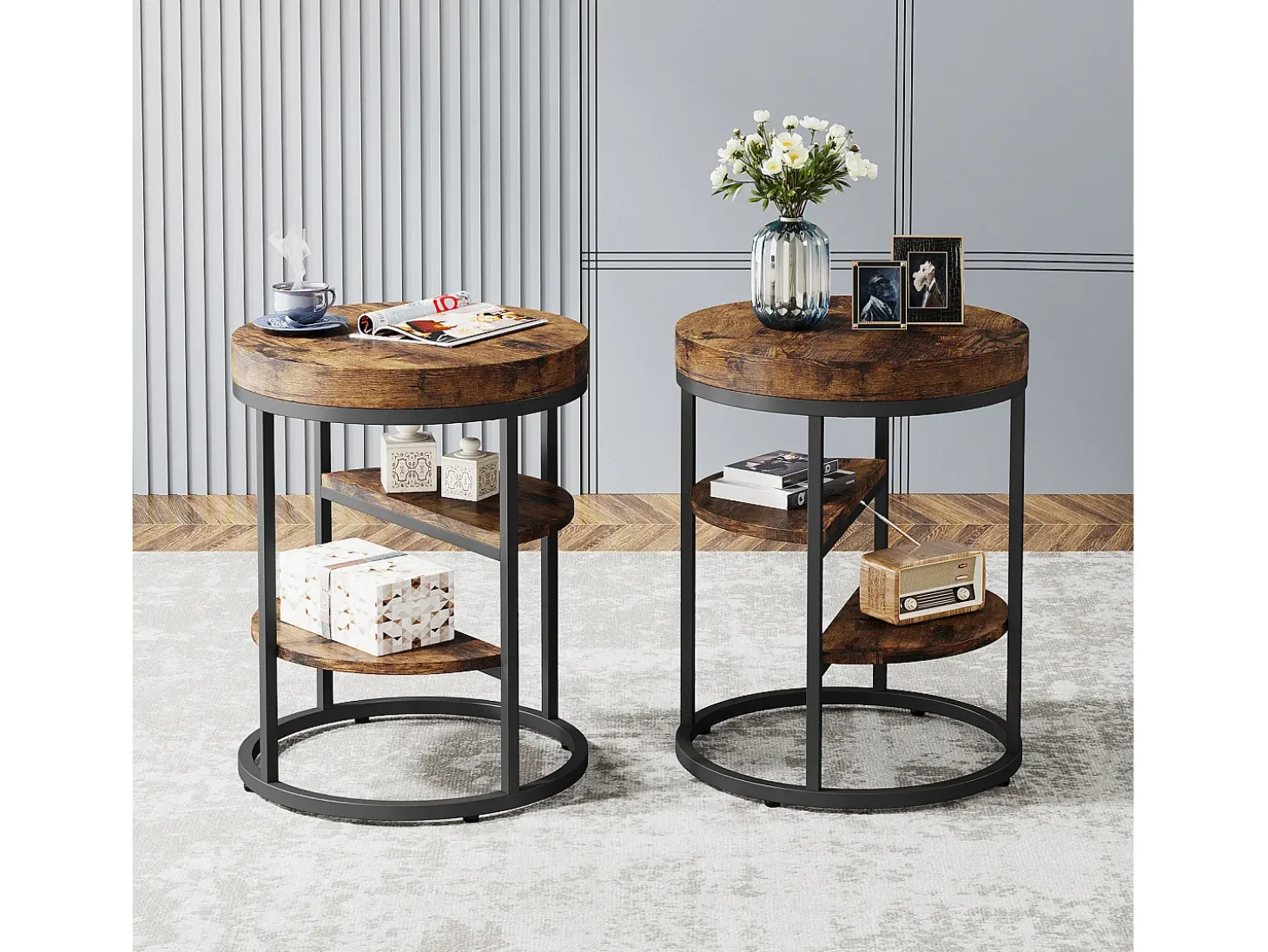 Mesa de apoio redonda, pequena mesa de apoio com 3 prateleiras de armazenamento, mesa de apoio industrial, mesa de cabeceira para o salão