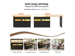 Mesa de bar extensível - 120/180 x 75,8 cm - com LEDs + 3 portas - rotação 360° - MDF - preta
