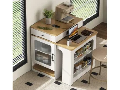 Mesa de bar extensível com tampo removível - 80 x 71/111/151 x 92 cm - com porta + gaveta - MDF + vidro - branco + natural