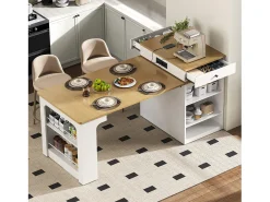 Mesa de bar extensível com tampo removível - 80 x 71/111/151 x 92 cm - com porta + gaveta - MDF + vidro - branco + natural