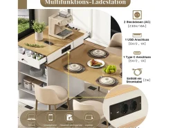 Mesa de bar extensível com tampo removível - 80 x 71/111/151 x 92 cm - com porta + gaveta - MDF + vidro - branco + natural