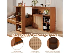 Mesa de bar extensível com trama de rattan, prateleiras ajustáveis e espaço de armazenamento (138-193x39x104cm)