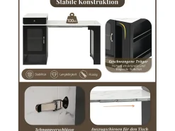 Mesa de bar extensível com tampo removível - 80 x 71/111/151 x 92 cm - com porta + gaveta - MDF + vidro - branco + preto