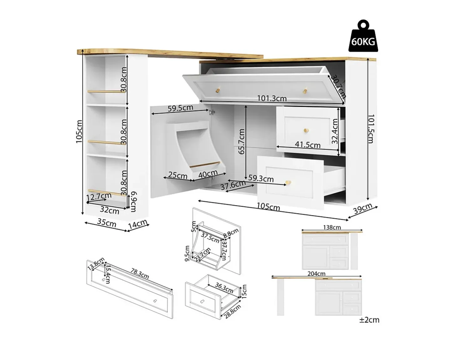 Mesa de Bar extensível giratória - com 2 portas, 2 gavetas e 3 nichos - MDF - 138/204×39×105cm - Branco