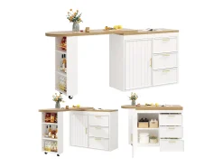 Mesa de bar giratória 360° - 128/203 x 39 x 90 cm - com prateleiras + 3 gavetas + porta - MDF + metal - branca