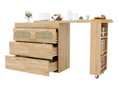 Mesa de bar giratória 360° - 128/203 x 39 x 90 cm - com prateleiras + 6 gavetas e portas em rattan - MDF + metal - cor natural