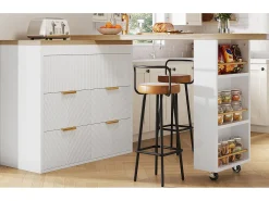 Mesa de bar giratória 360° - 128/203 x 39 x 90 cm - com prateleiras + 6 gavetas - MDF + metal - branca