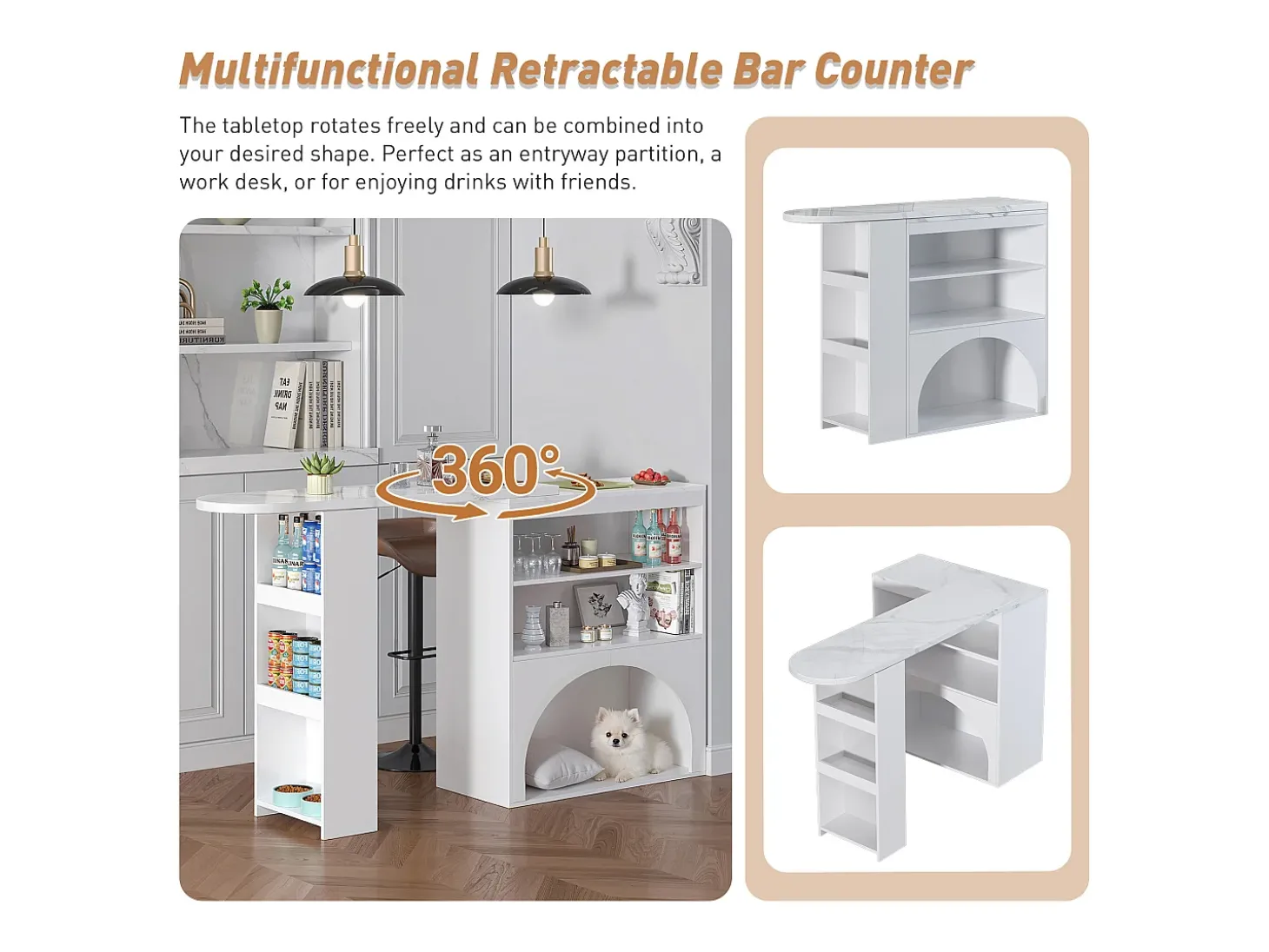 Mesa de bar giratória com espaço de arrumação e local para animais de estimação - Tampo com efeito mármore - Branco