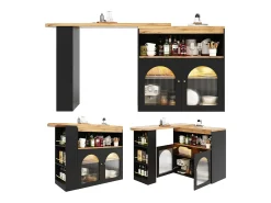 Mesa de bar moderna, extensível, com espaço de armazenamento, giratória, para sala de jantar, com faixa de luz LED de 1 m, preta.