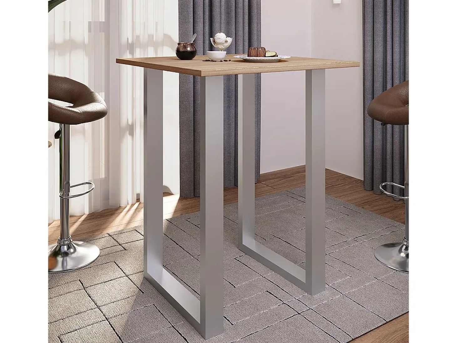 Mesa de bar VCM | Tresen | Mesa em pé | Mesa alta | Mesa de mesa com rolamentos - Xona 80x80 cm (Prata / Sonoma Oak)