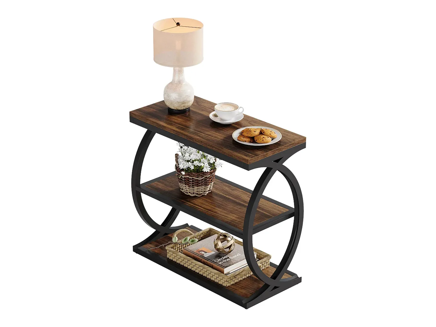 Mesa de Cabeceira, Mesa de Cabeceira Estreita de 3 Andares para Sala de Estar, Industrial