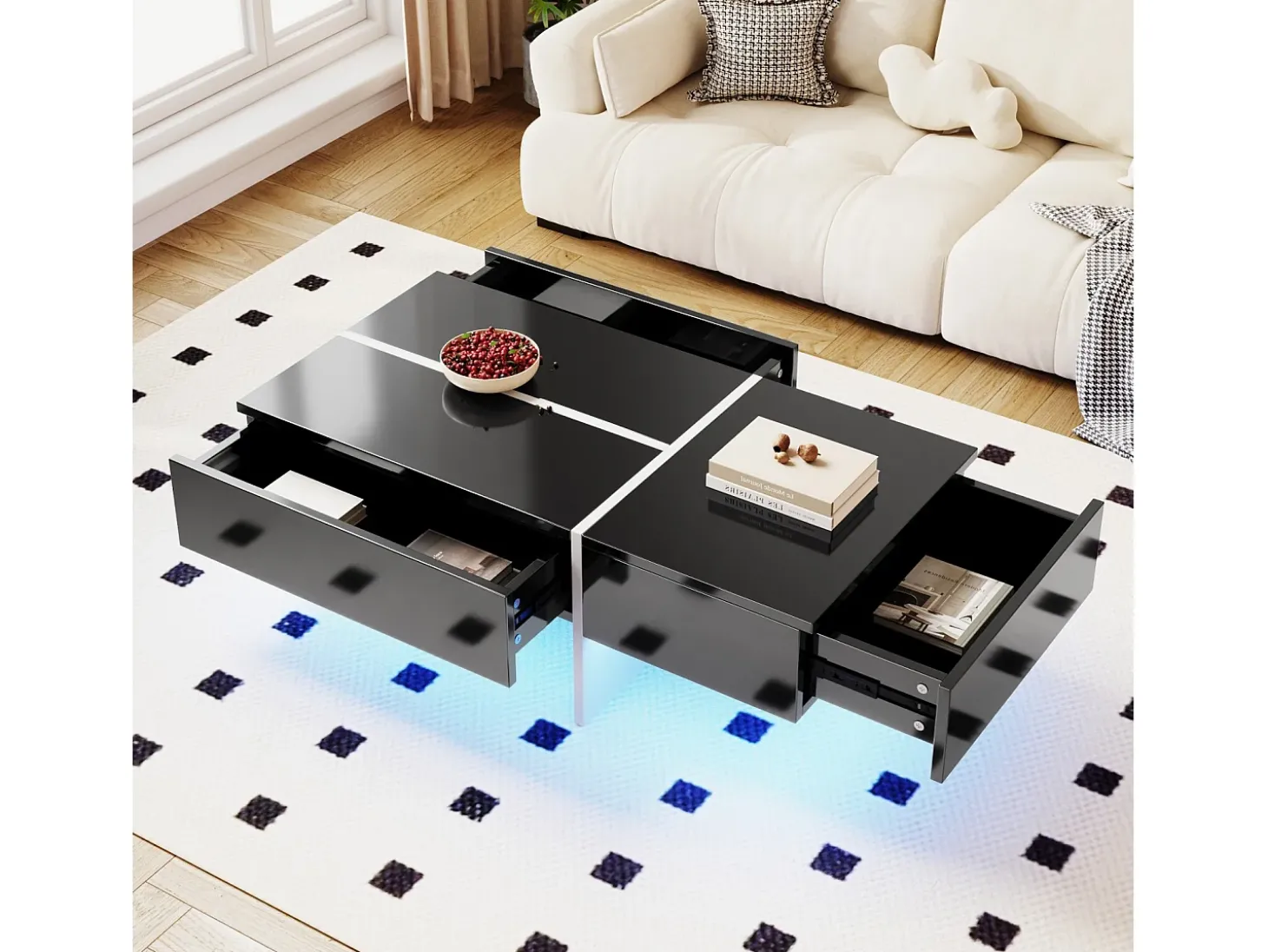 Mesa de café de 3 -acumulada, com LEDs e aplicativo, painel de partículas, preto e branco, 100x50 x34.5cm