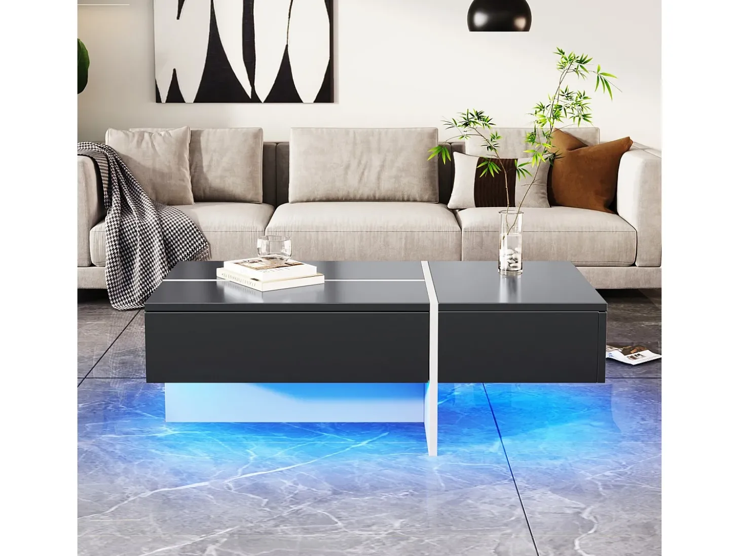 Mesa de café de 3 -acumulada, com LEDs e aplicativo, painel de partículas, preto e branco, 100x50 x34.5cm