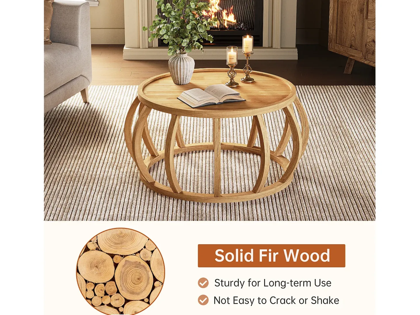 Mesa de Café de Madeira Sólida, Mesa Central Redonda de 80cm com Base de Moldura Curva