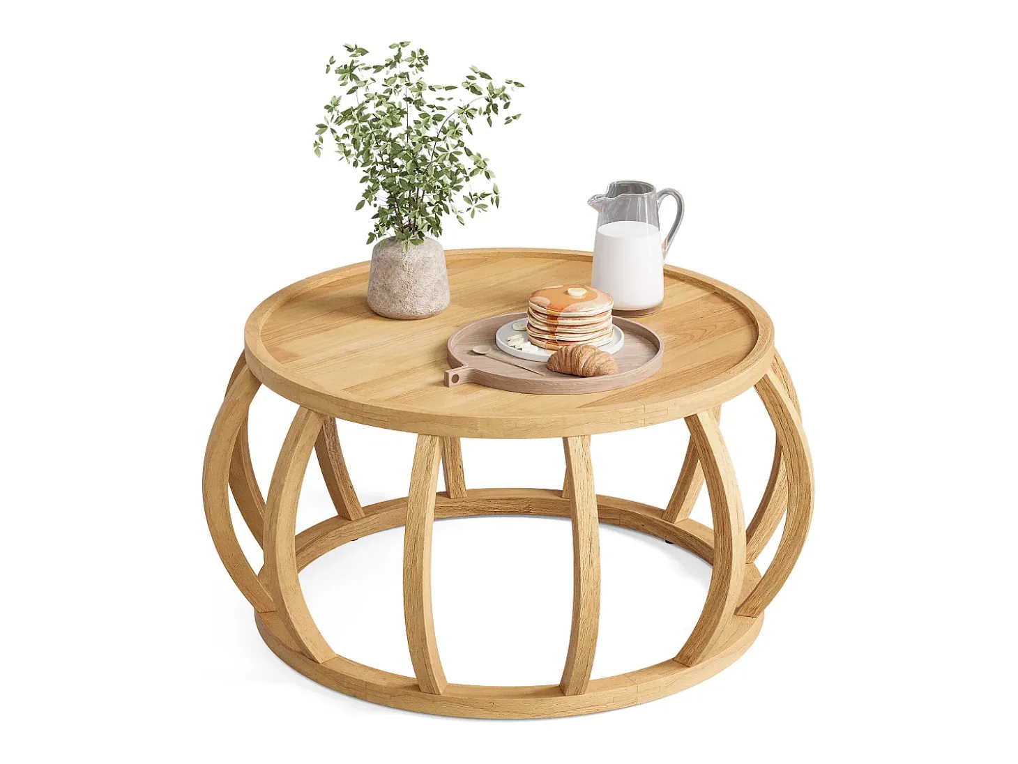 Mesa de Café de Madeira Sólida, Mesa Central Redonda de 80cm com Base de Moldura Curva