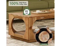 Mesa de Café de Madeira Sólida, 120cm Mesas Centrais de Madeira Rural com Armazenamento para Sala de Estar, 2 Andares