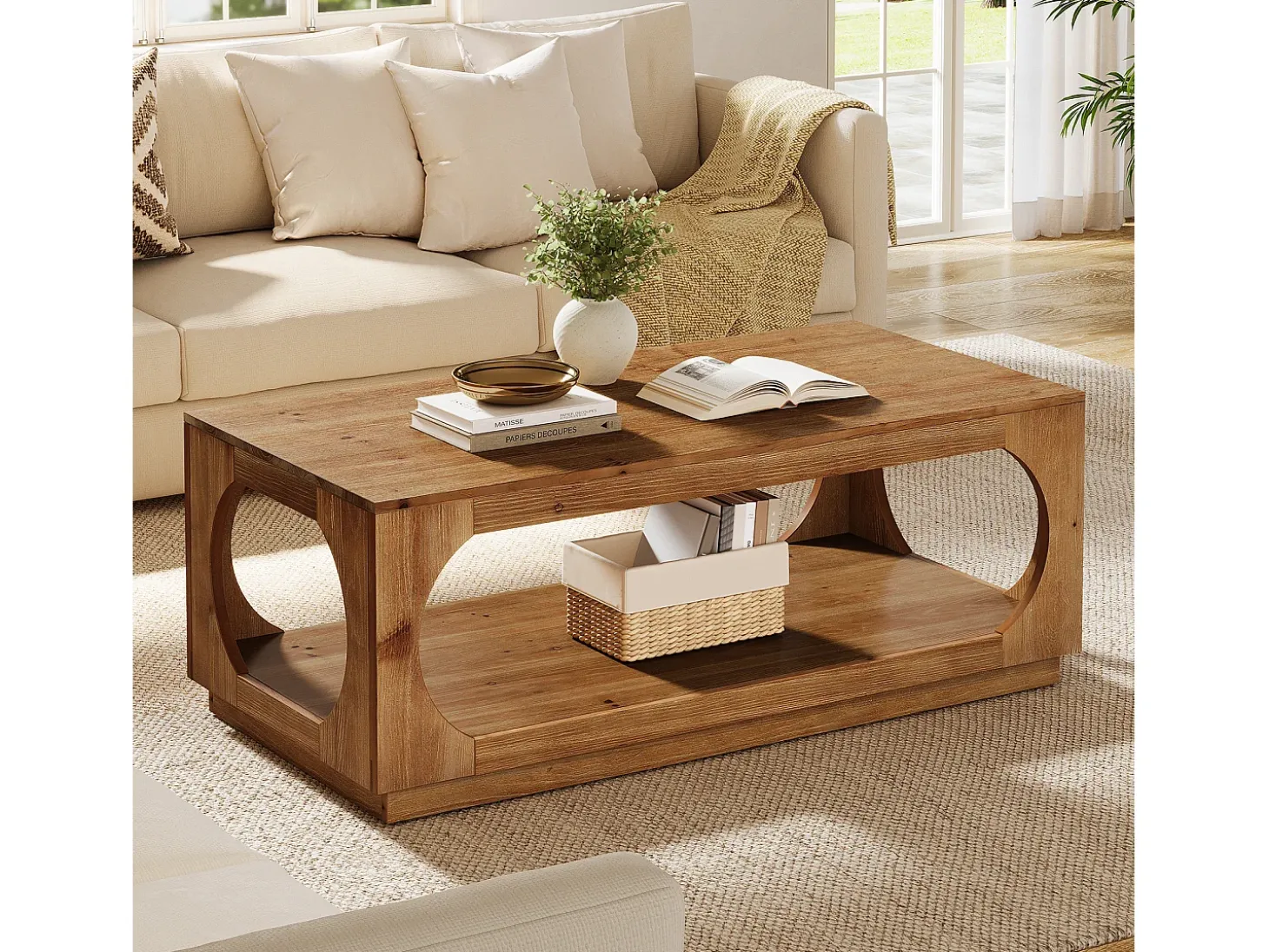 Mesa de Café de Madeira Sólida, 120cm Mesas Centrais de Madeira Rural com Armazenamento para Sala de Estar, 2 Andares