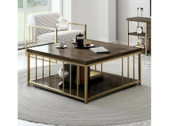 Mesa de café Dfedrizz, Mesa de café, Suporte para sofá, Prateleira para sala, 90x90h40 cm, Noz e Ouro