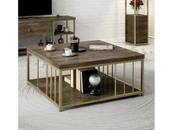 Mesa de café Dfedrizz, Mesa de café, Suporte para sofá, Prateleira para sala, 90x90h40 cm, Noz e Ouro