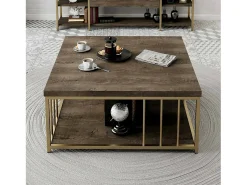 Mesa de café Dfedrizz, Mesa de café, Suporte para sofá, Prateleira para sala, 90x90h40 cm, Noz e Ouro
