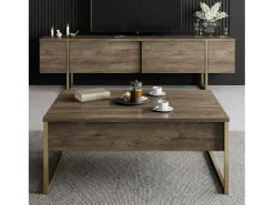 Mesa de café Dgiagnon, Mesa de café, Porta-revistas pEr sofá, prateleira de sala de estar, 90x60h40 cm, nogueira e ouro
