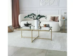 Mesa de café Dionit, Mesa baixa para café, Suporte para sofá, Prateleira para sala de estar, 94x64h35 cm, Ouro