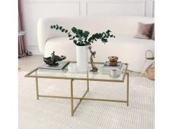 Mesa de café Dionit, Mesa baixa para café, Suporte para sofá, Prateleira para sala de estar, 94x64h35 cm, Ouro