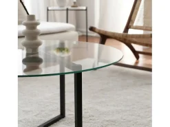Mesa de café Dmaccopp, Mesa baixa para café, Suporte para sofá, Prateleira para sala, 75x75h42 cm, Preto e Transparente