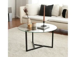Mesa de café Dmaccopp, Mesa baixa para café, Suporte para sofá, Prateleira para sala, 75x75h42 cm, Preto e Transparente